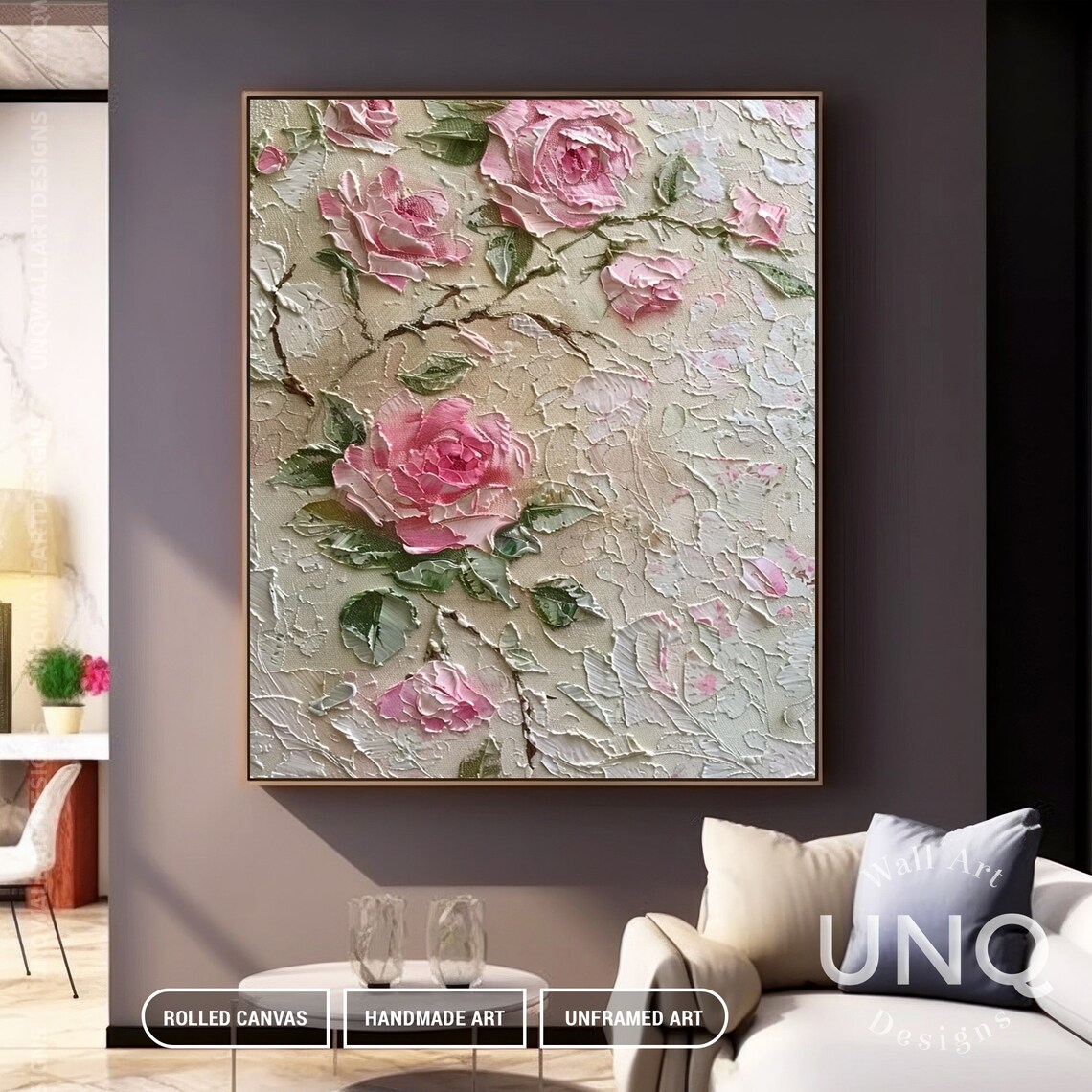 Pink Roses On Cream 3D Textured Embossed Floral Painting Art Poster - Image 4