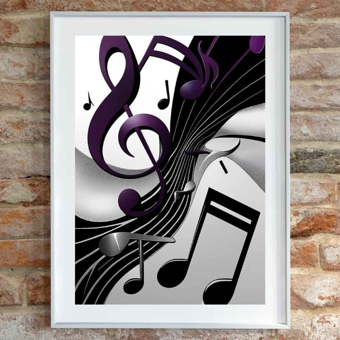 Plum Purple 3D Treble Clef Poster over Flowing Silver Music Lines