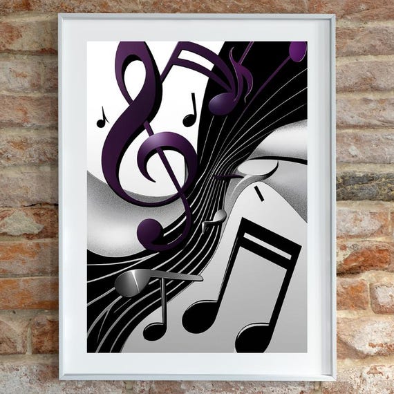 Modern Abstract Music Notes Poster Midcentury Wall Art Bold Geometric Shapes And Musical Symbols Plum Silver Artwork Jazzinspired Decor