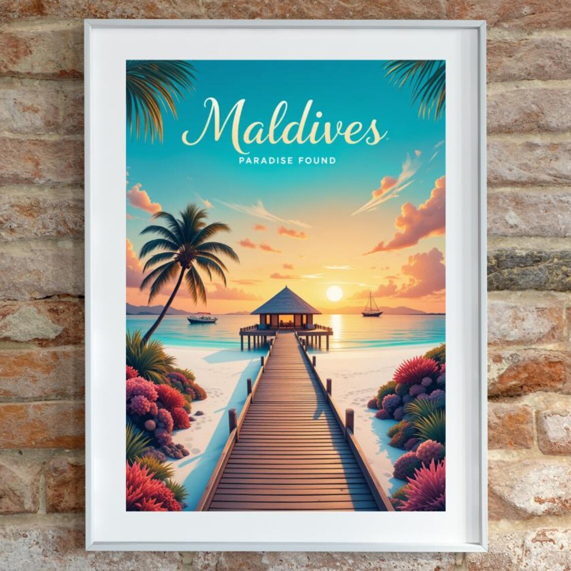 Maldives Paradise Found Overwater Villa Boardwalk Sunset Poster