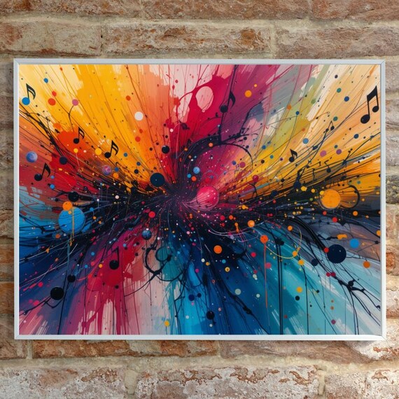 Radiating Paint Splash Burst with Music Notes Panoramic Art Poster