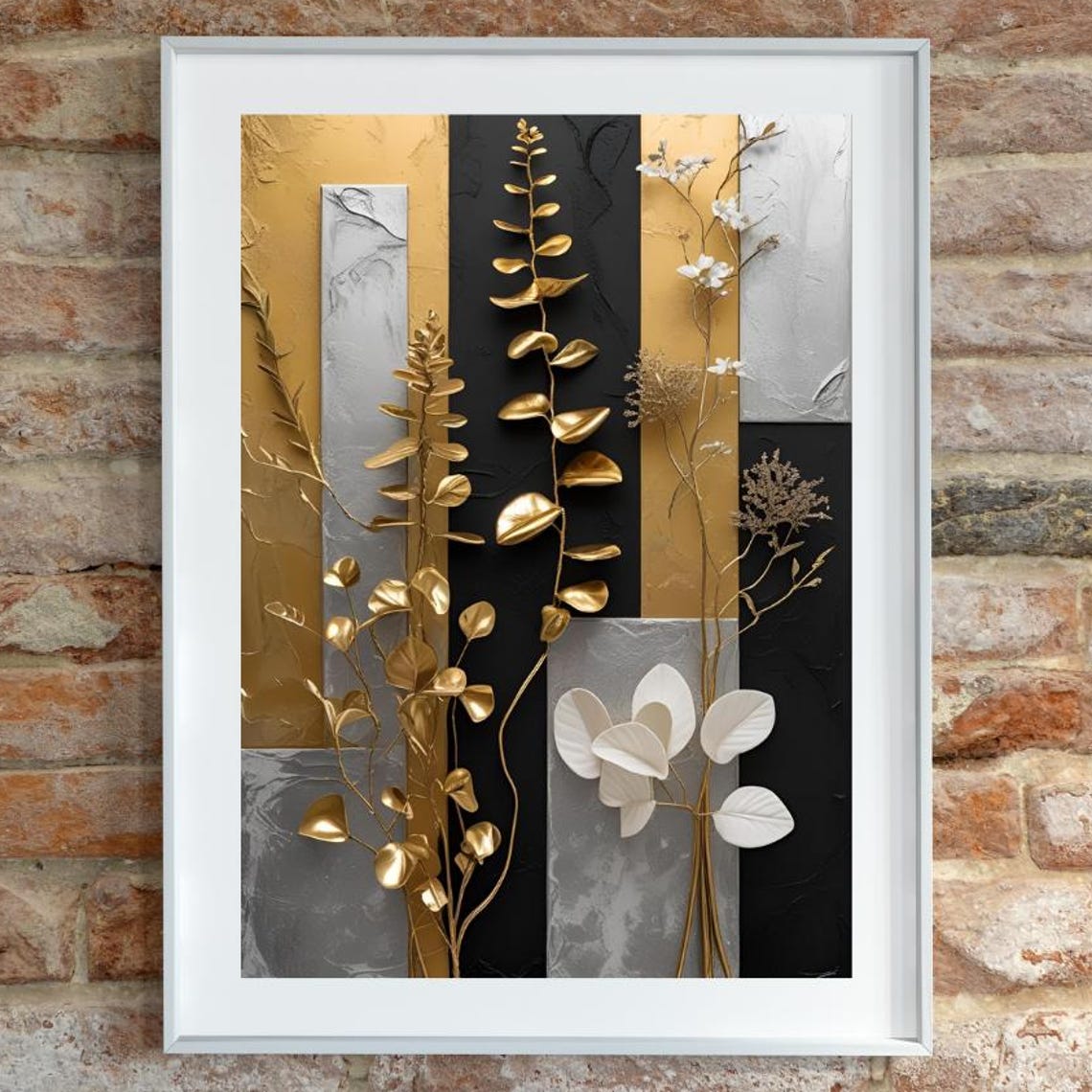 Golden Silver Black Botanical Geometric Mid Century Modern Poster