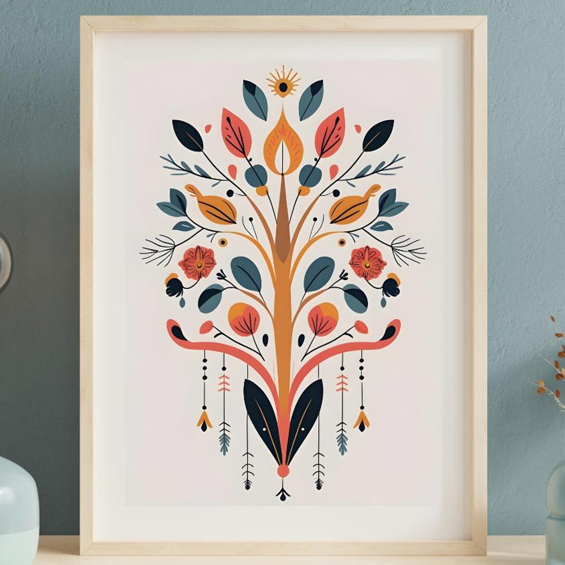 Folk Art Botanical Poster Coral Navy Symmetrical Tree Bloom Artwork