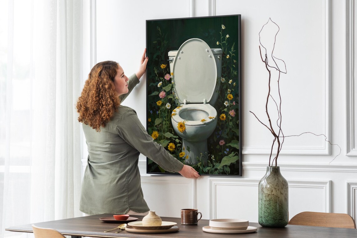 Toilet In Blooming Wildflowers Dark Green Moody Funny Bathroom Poster - Image 4
