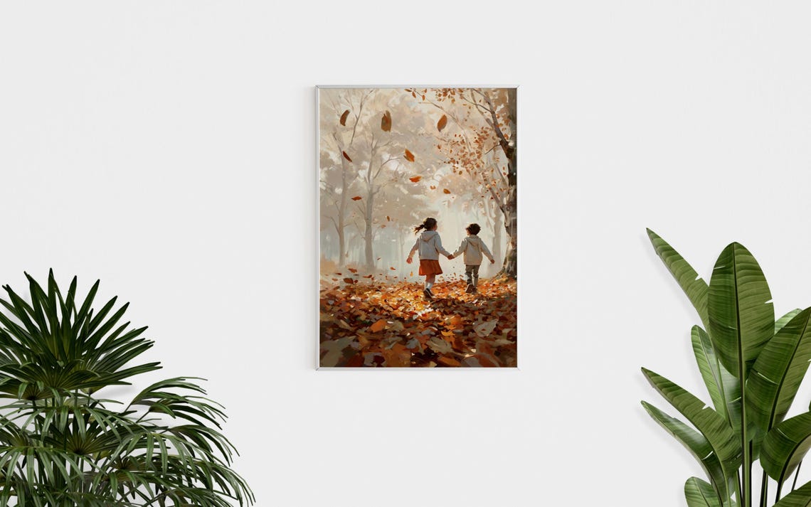 Kids Walking Autumn Forest Falling Leaves Painting Warm Fall Wall Art - Image 4