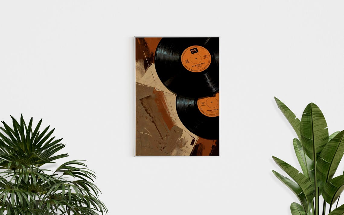 Two Retro Vinyl Records with Orange Labels on Abstract Wall Art Print - Image 3