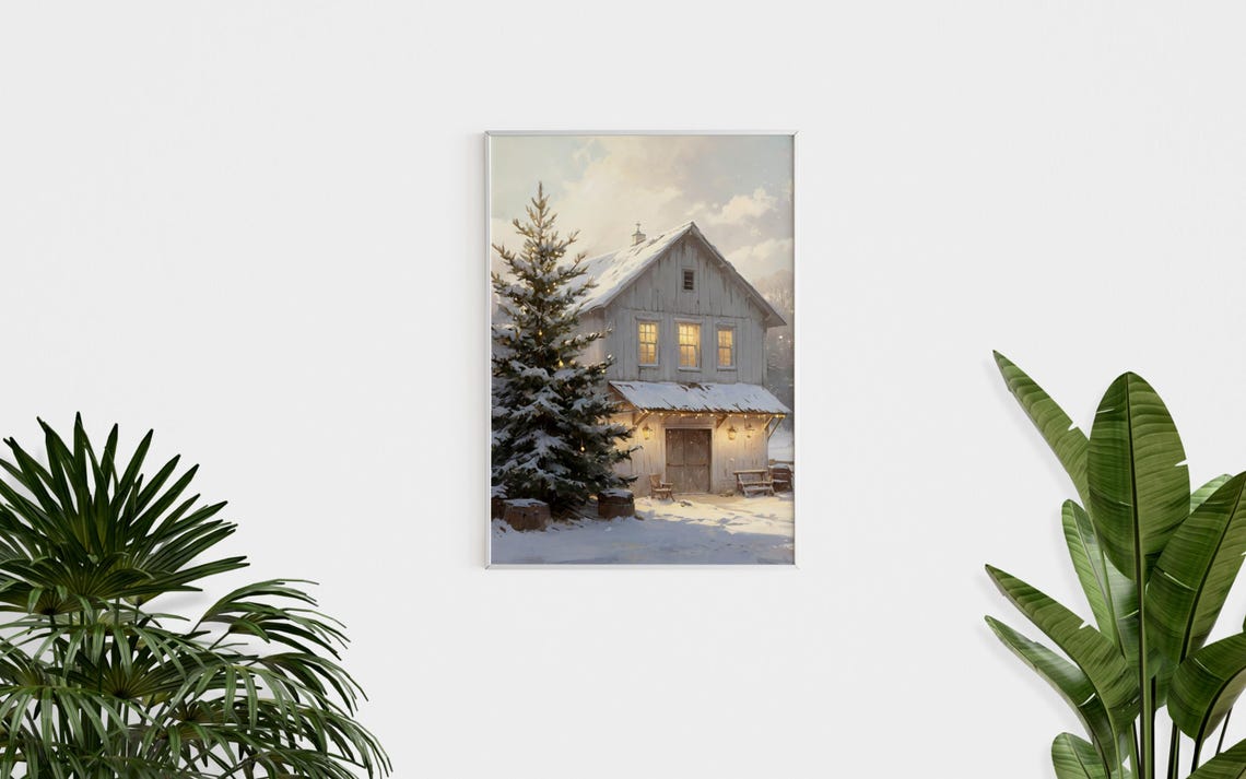 Snowy White Barn Christmas Winter Farmhouse Holiday Painting Wall Art - Image 3