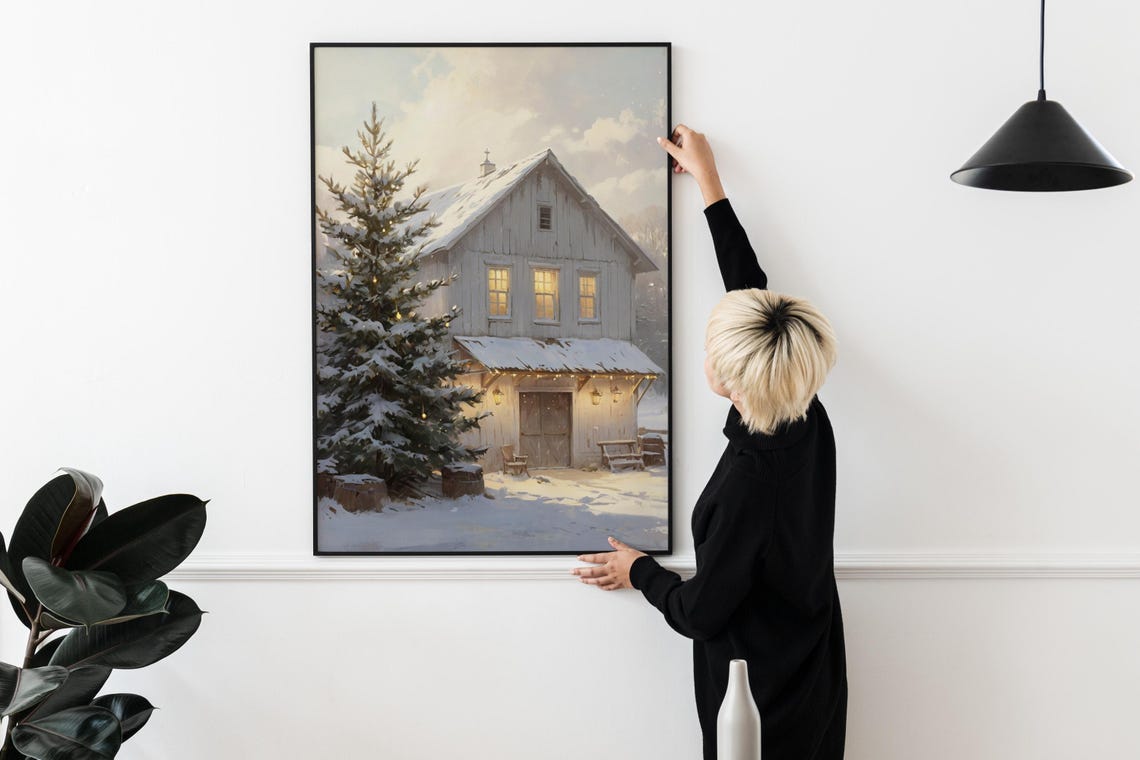 Snowy White Barn Christmas Winter Farmhouse Holiday Painting Wall Art - Image 2