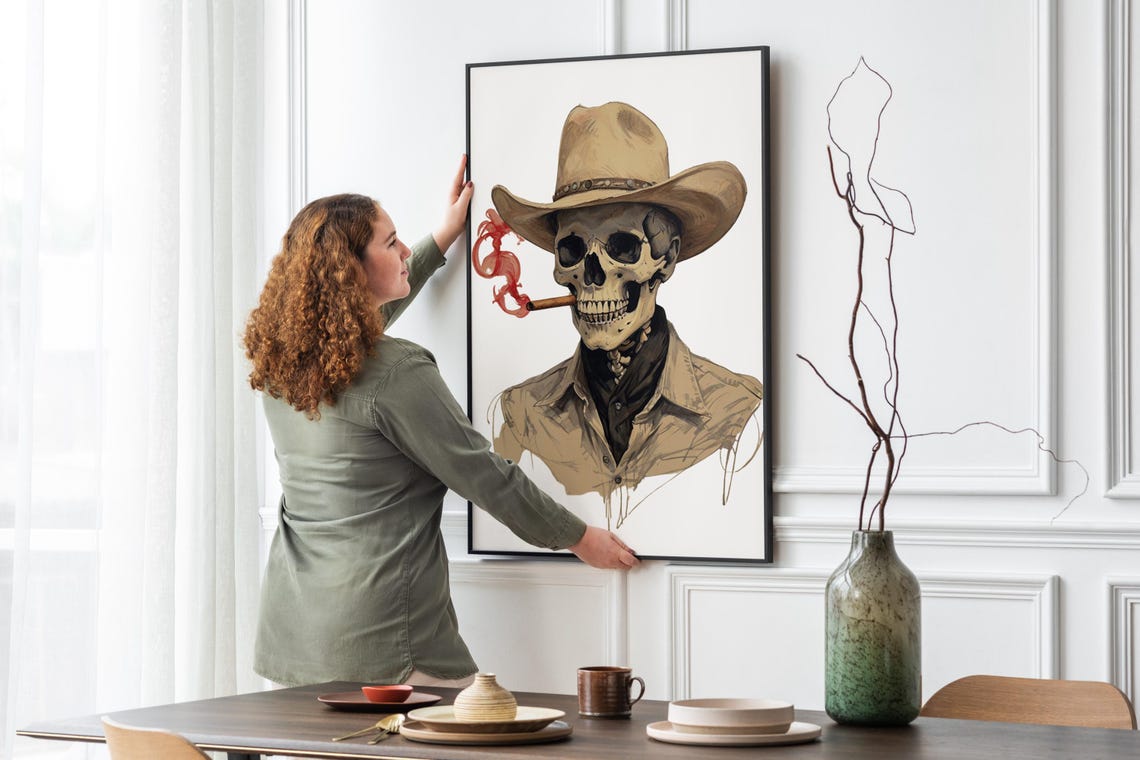 Skeleton Cowboy with Hat Smoking Cigar Western Eclectic Wall Art Print - Image 5