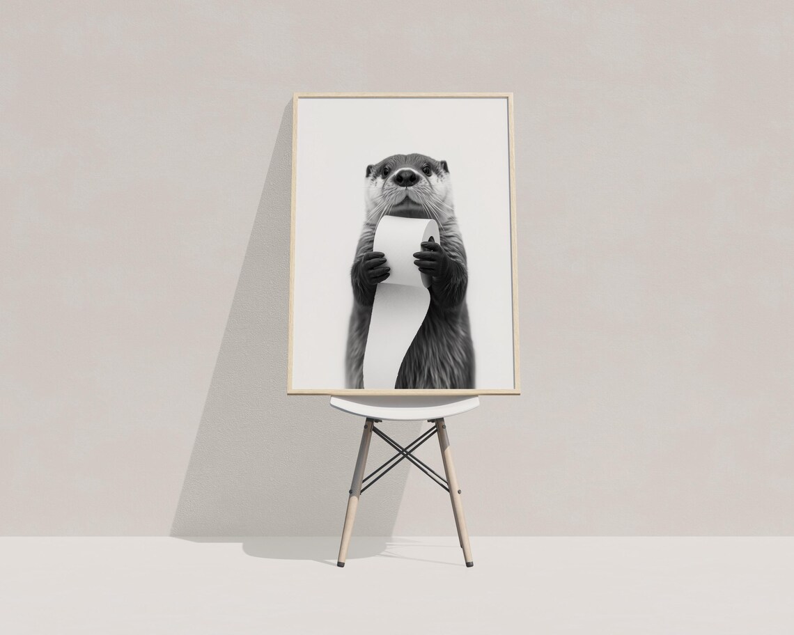 Otter Holding Toilet Paper Roll Black White Funny Bathroom Photo Poster - Image 3