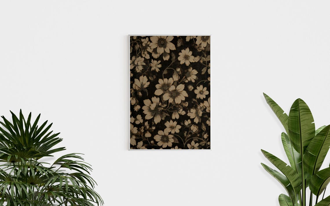 Moody Black Floral Pattern Beige Blooms Vintage Botanical Wall Poster - Image 2