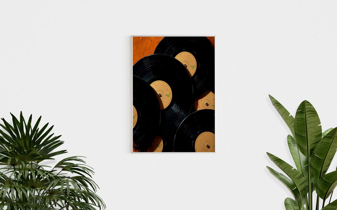 Overlapping Black Vinyl Records Beige Labels Burnt Orange Music Poster - Image 2