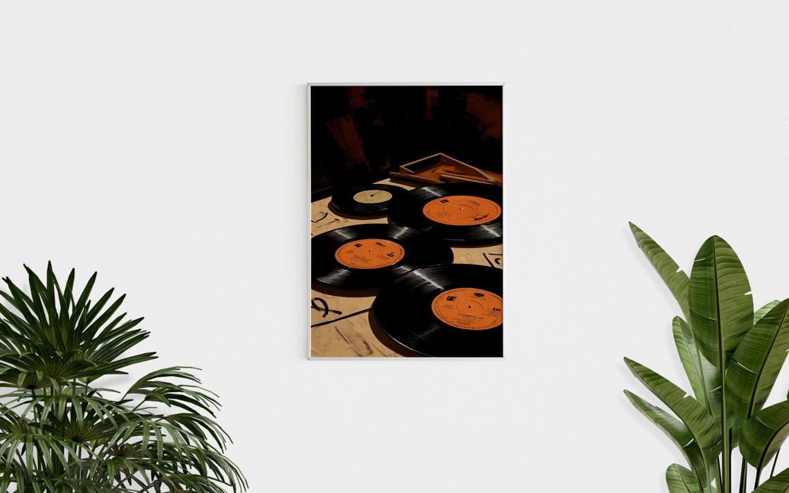 Scattered Vinyl Records with Orange Labels Retro Music Wall Art Print - Image 4