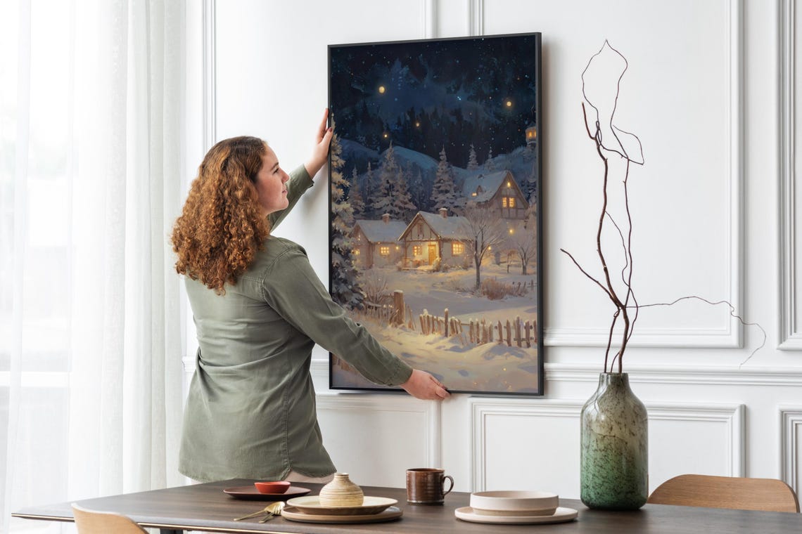 Snowy Village at Night with Glowing Windows and Starry Sky Poster - Image 5