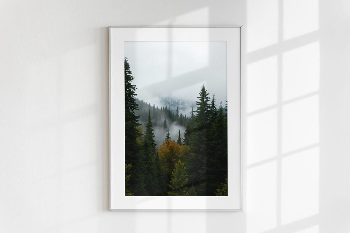 Misty Evergreen Forest Fog Mountain Peak Fall Nature Photo Poster - Image 6