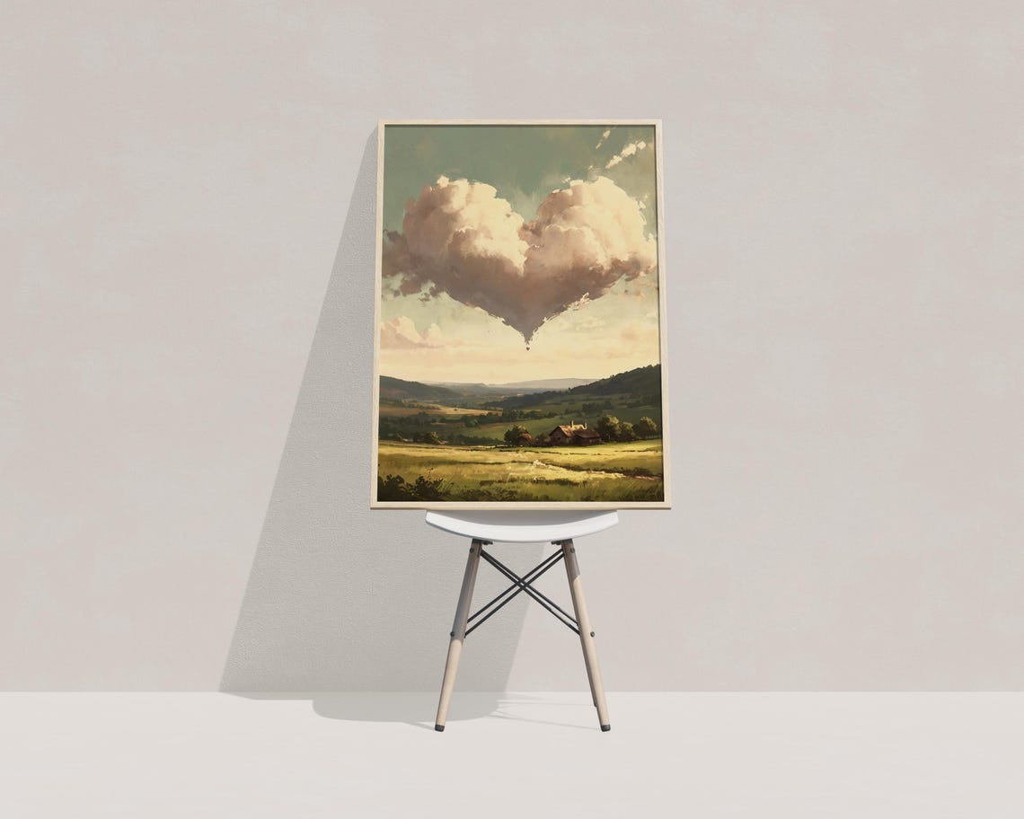 Heart Shaped Cloud Over Rustic Valley Vintage Landscape Art Poster - Image 3