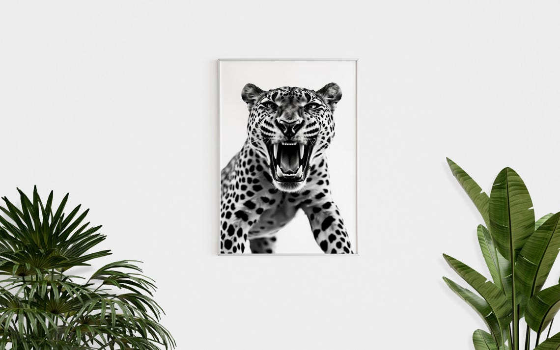 Leopard Roaring Black and White Wild Cat Animal Photography Wall Art - Image 3