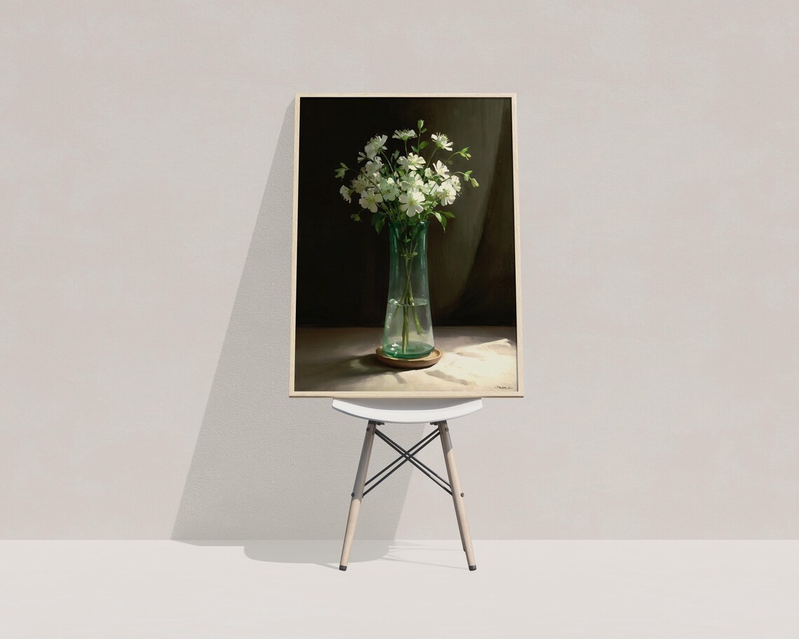 White Wildflowers In Glass Vase Dark Green Moody Still Life Art Poster - Image 3