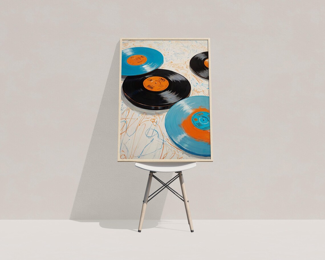 Blue Vinyl Records Painting Retro Music Room Eclectic Wall Art - Image 4