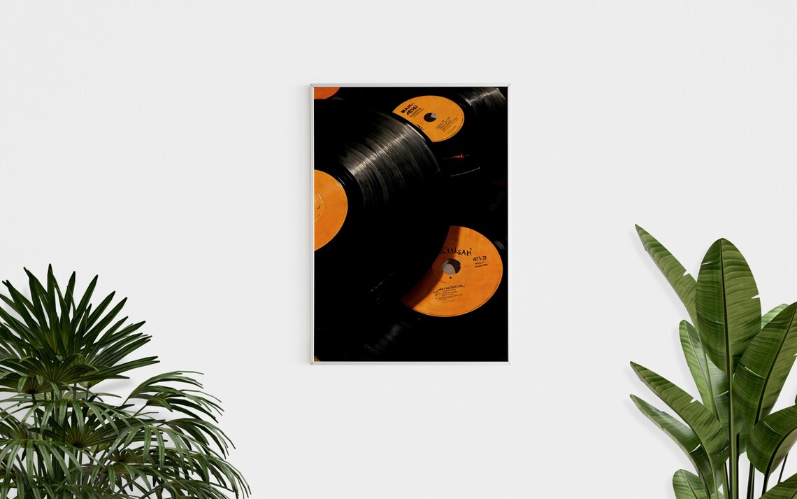 Vinyl Records Orange Labels Close Up Grooves Retro Music Photo Poster - Image 2