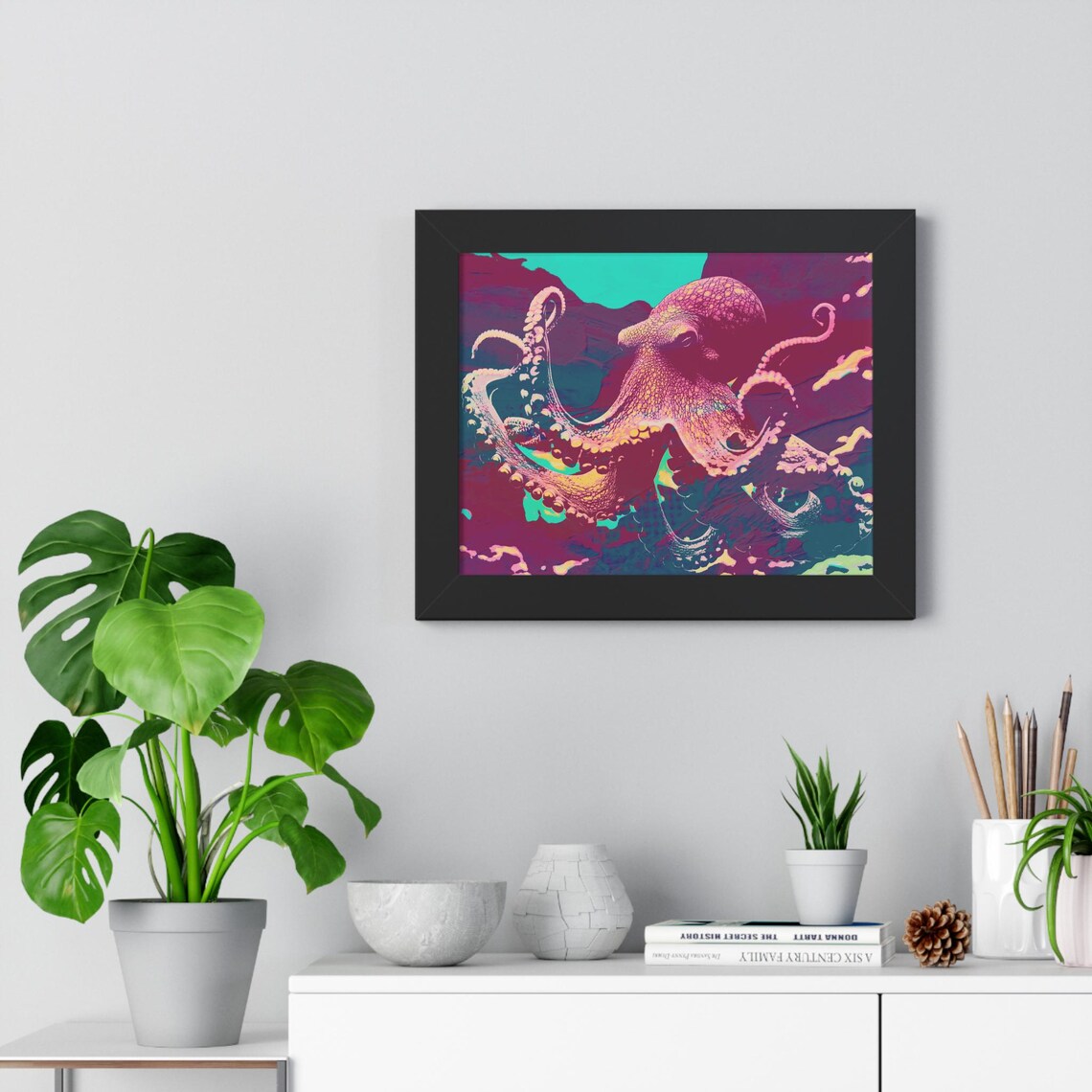 Vibrant Neon Magenta Octopus Swimming in the Deep Sea Framed Poster - Image 4