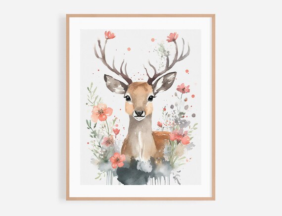 Deer With Antlers Watercolor Portrait And Coral Wildflowers Poster
