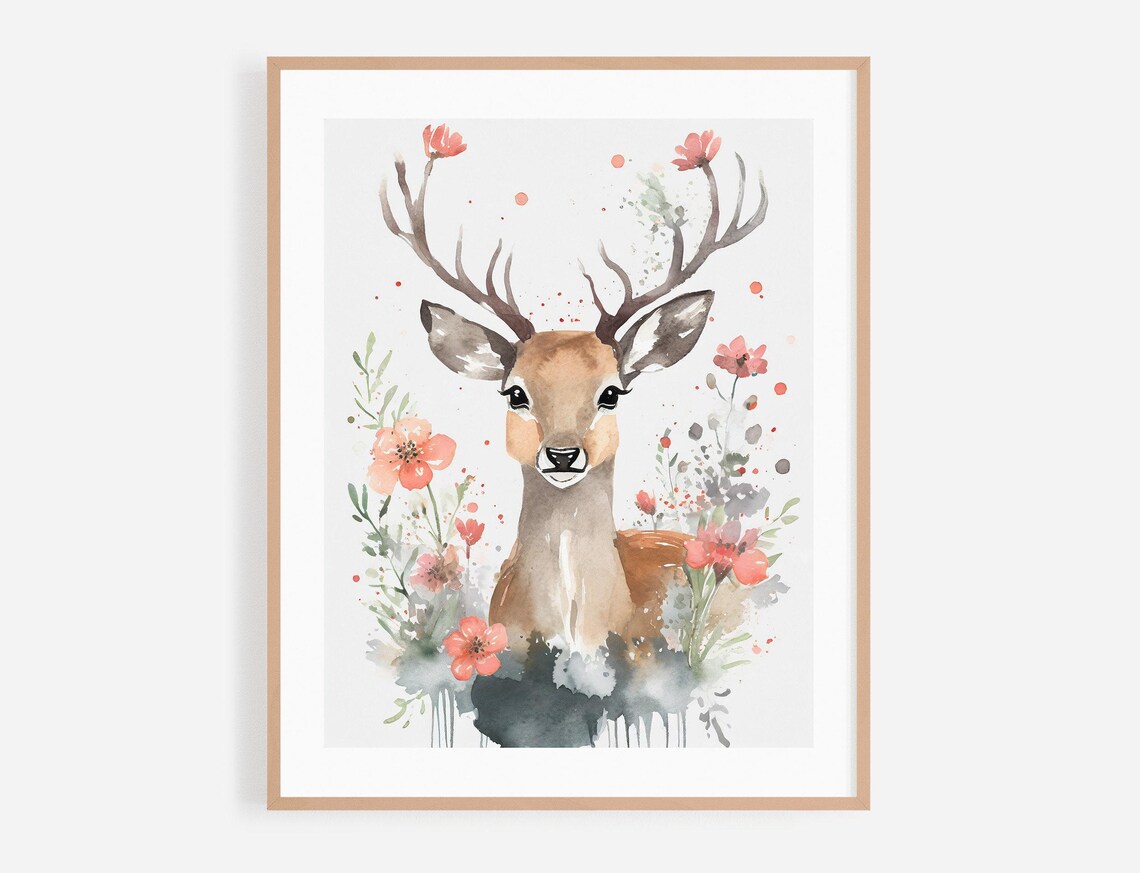 Deer With Antlers Watercolor Portrait And Coral Wildflowers Poster