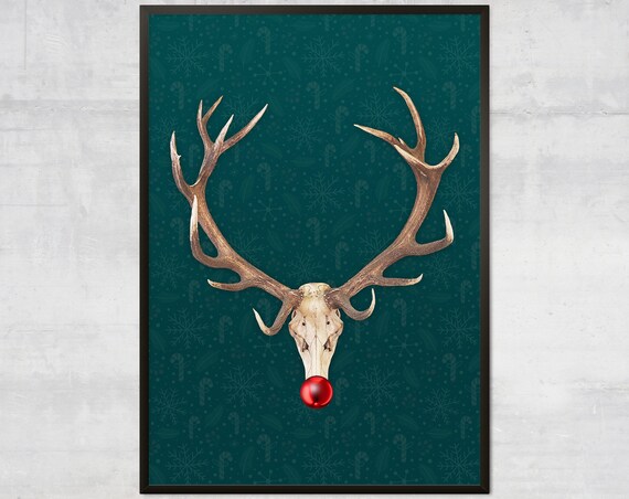 Reindeer Skull Red Nose Teal Christmas Holiday Funny Art Poster