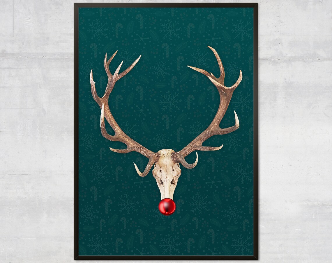 Reindeer Skull Red Nose Teal Christmas Holiday Funny Art Poster