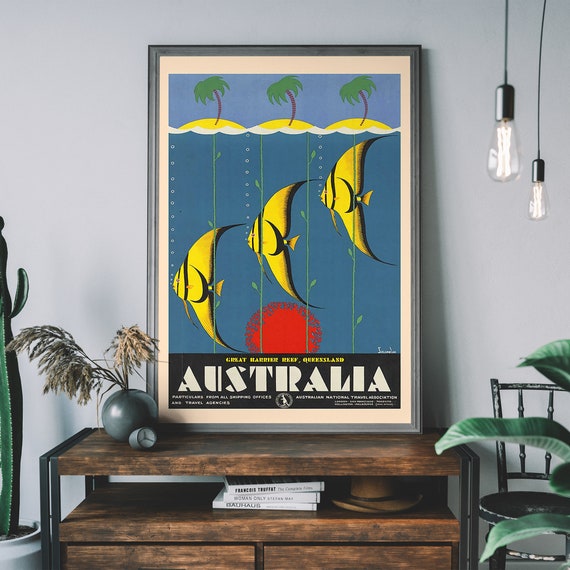 Australia Travel Poster Great Barrier Reef Illustration Antique Retro Advert