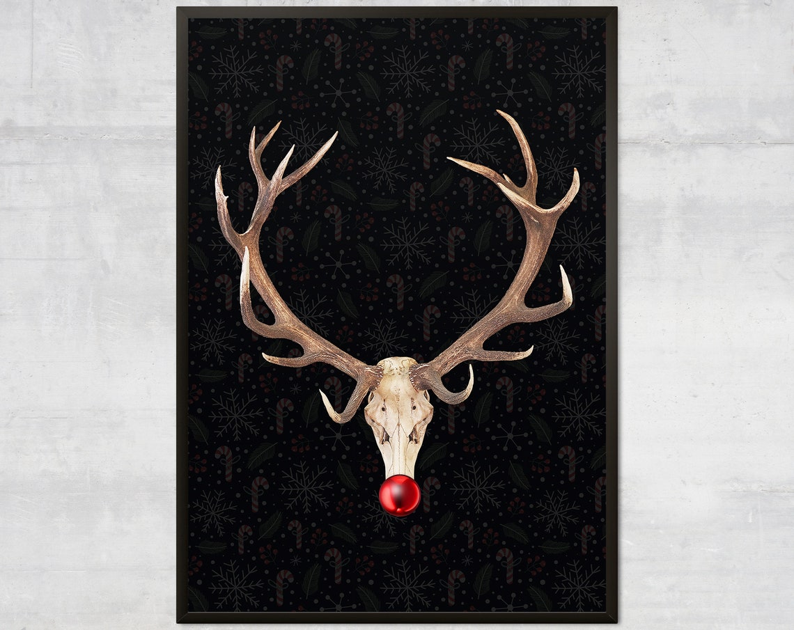 Reindeer Skull Red Nose Black Christmas Fun Holiday Art Poster