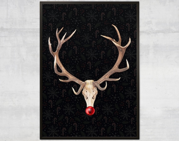 Reindeer Skull Red Nose Black Christmas Fun Holiday Art Poster