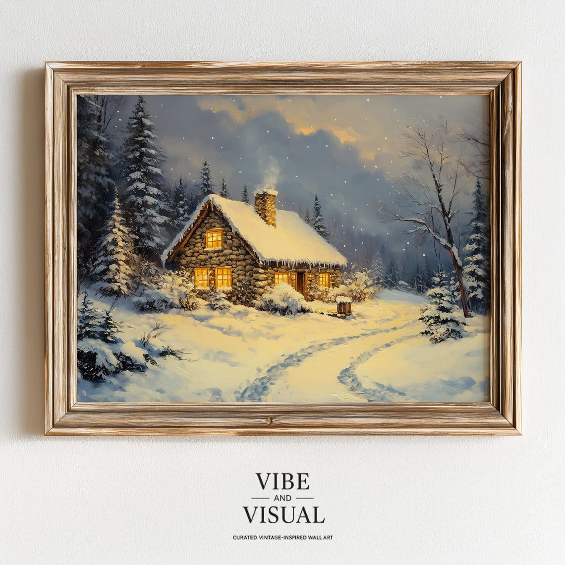 Cozy Stone Cabin Snowy Forest Winter Night Painting Art Poster