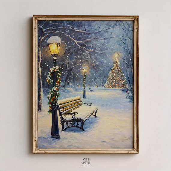Snowy Park Bench Lamppost Christmas Tree Night Vintage Winter Art Poster