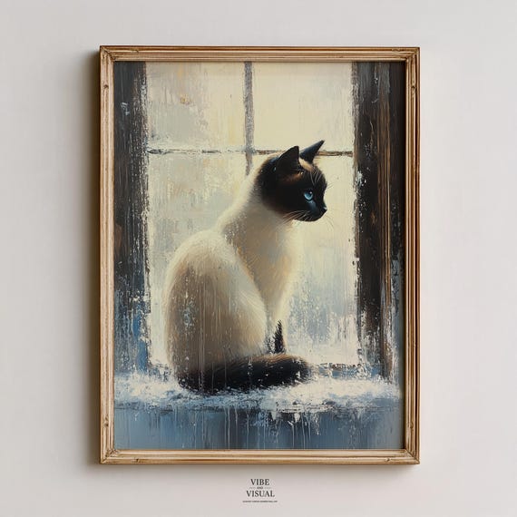 Moody Winter Siamese Cat Cozy Vintage Still Life Art Frosted French Door Scene Soft Brushwork Wall 70