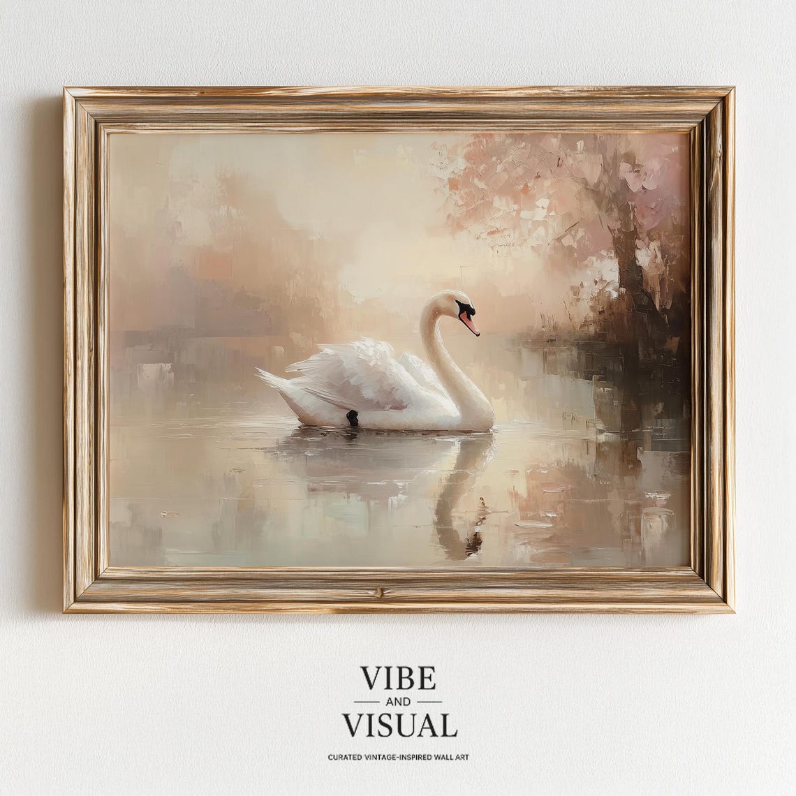White Swan Gliding on Misty Golden Lake at Sunset Impressionist Poster
