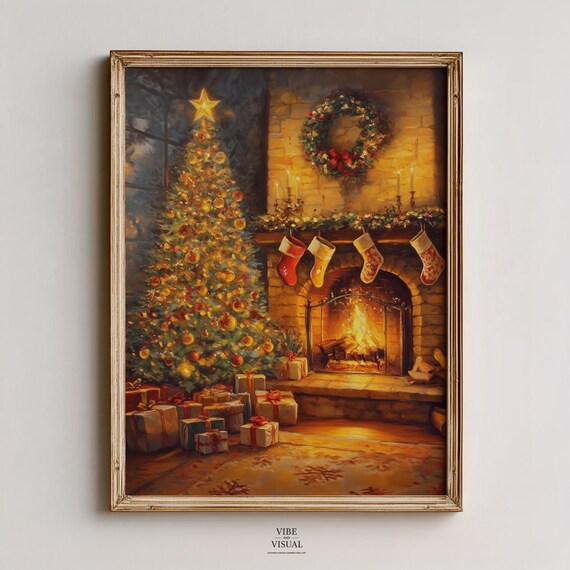 Cozy Christmas Tree Fireplace Stockings Gifts Golden Glow Art Poster