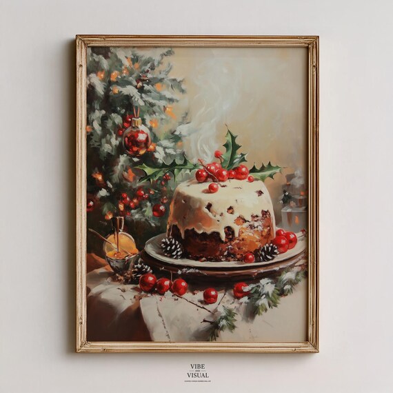 Vintage Christmas Pudding Holly Berries Holiday Painting Poster