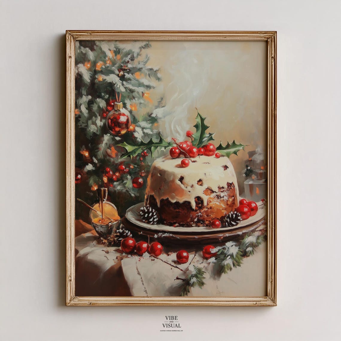 Vintage Christmas Pudding Holly Berries Holiday Painting Poster