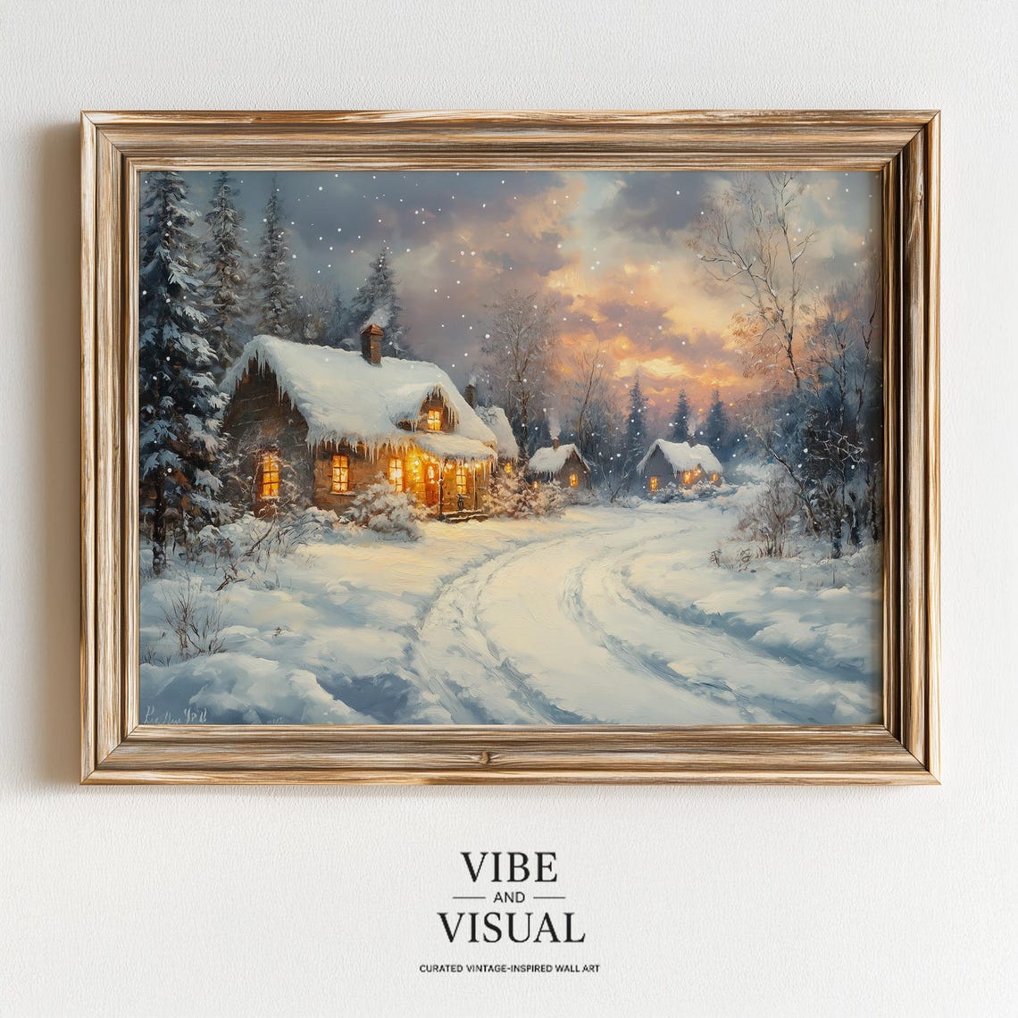 Snow Covered Cottage Glowing Windows Dusk Snowfall Winter Scene Poster