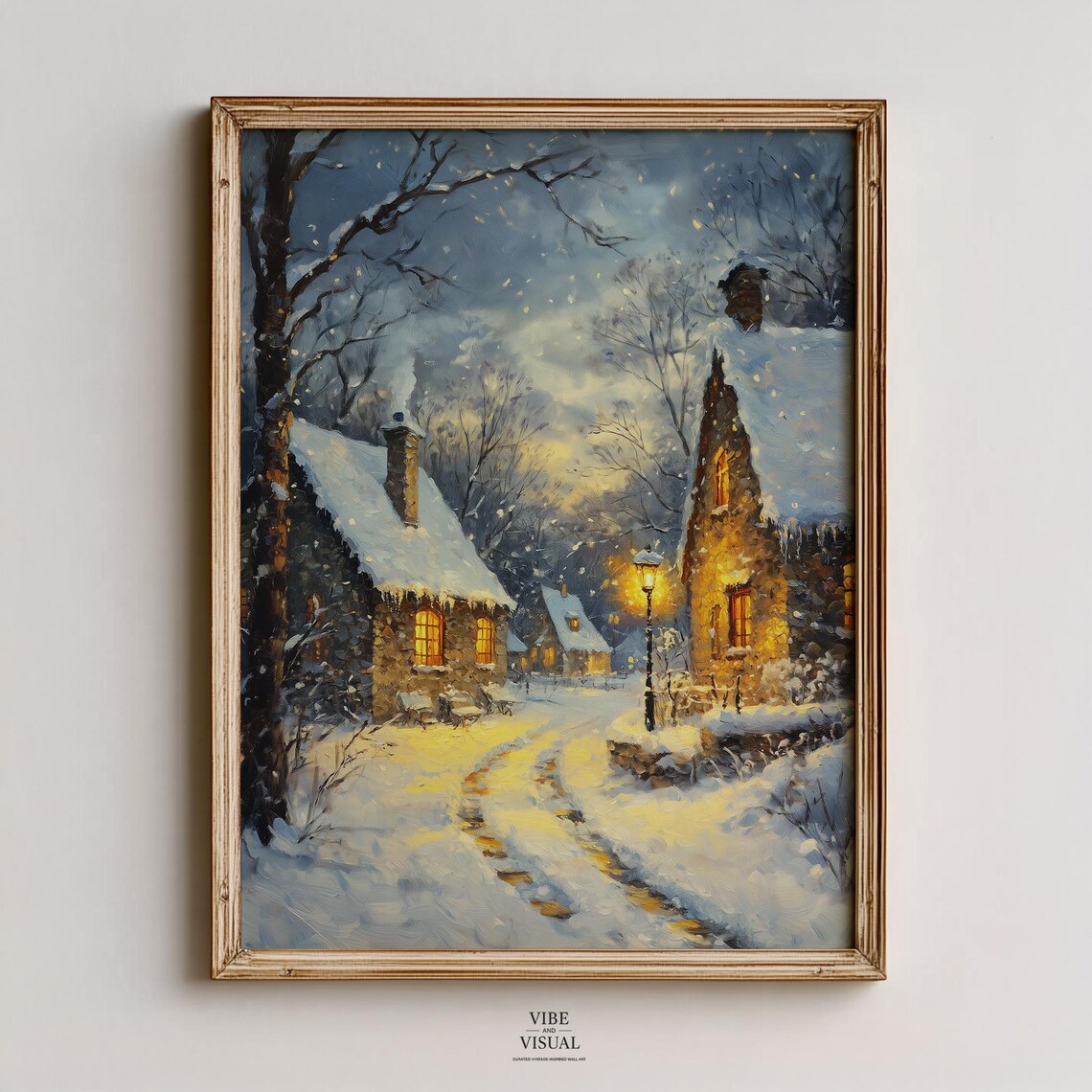 Cozy Snowy Village Street At Dusk Winter Cottage Holiday Wall Art