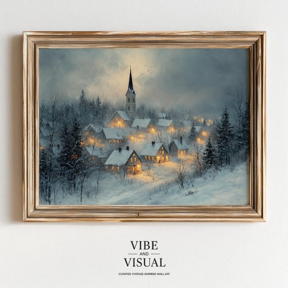 Moody Winter Village At Twilight Snowcovered Church Steeple Oil Painting Rustic Holiday Decor Cozy Wall Art Print 51