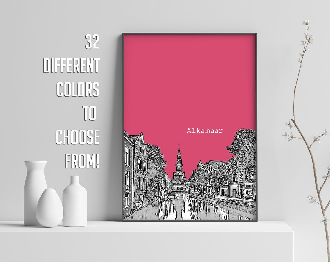 Alkamaar Pink Pop Art Dutch Canal Tower Town Sketch Print Decor - Image 4