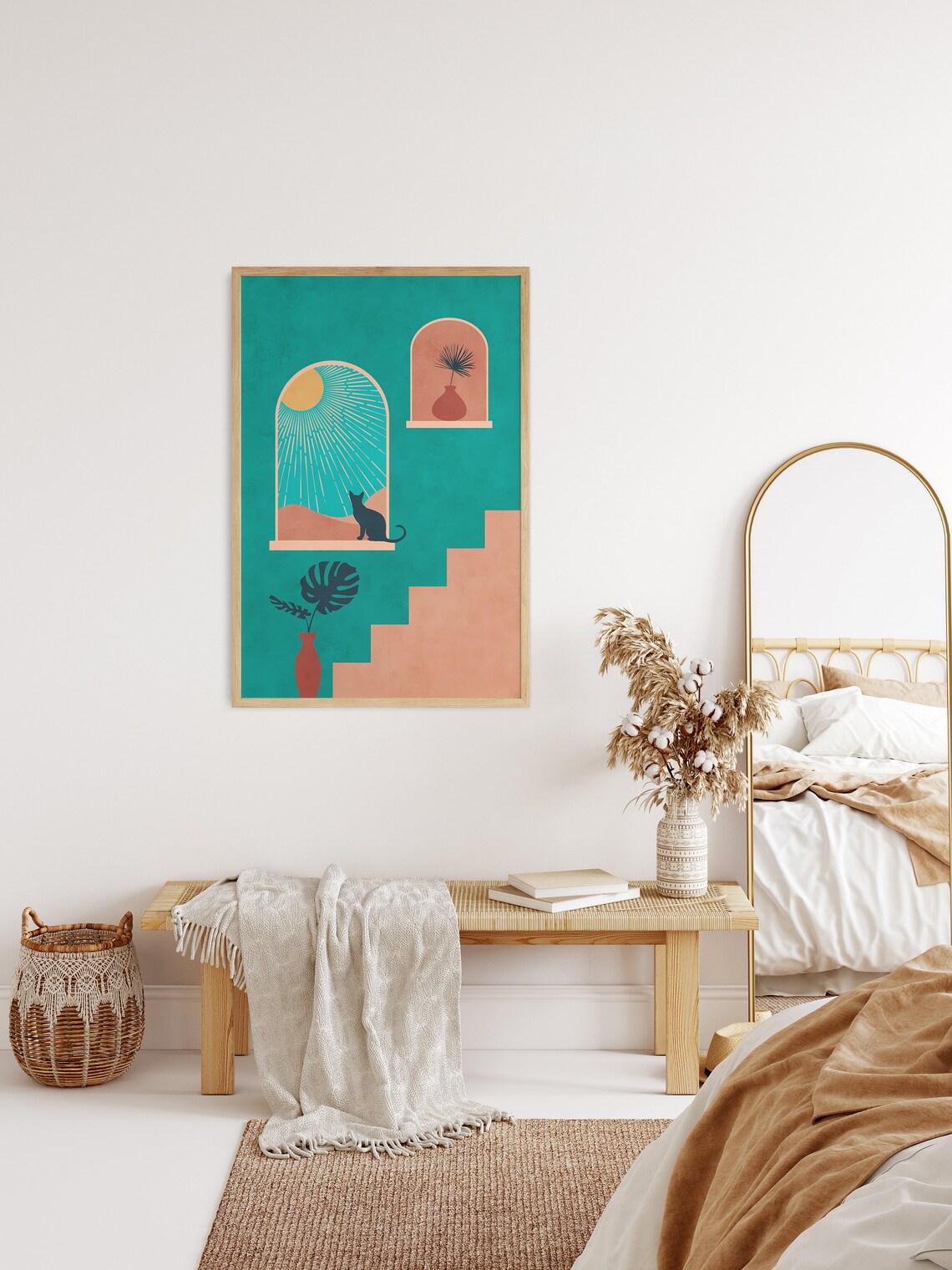 Moroccan Arch Teal Cat Sunlit Stairs Bohemian Colorful Art Poster - Image 2