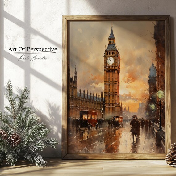 Winter Big Ben 19th Century Cityscape Vintage Antique London Architecture Oil Painting