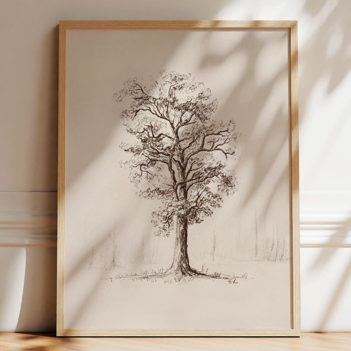 Oak Tree Pencil Sketch Minimal Neutral Nature Art Print