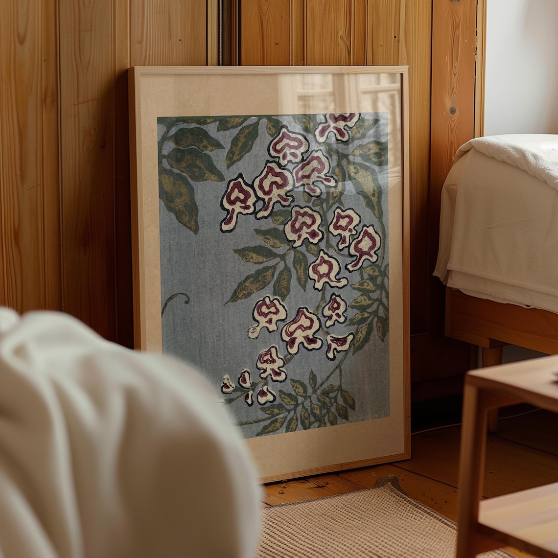 Vintage Japanese Floral Print Antique Wisteria Botanical Wall Art Dusty Blue Burgundy Nature Poster Meiji Era Flower Decor Japandi - Image 5