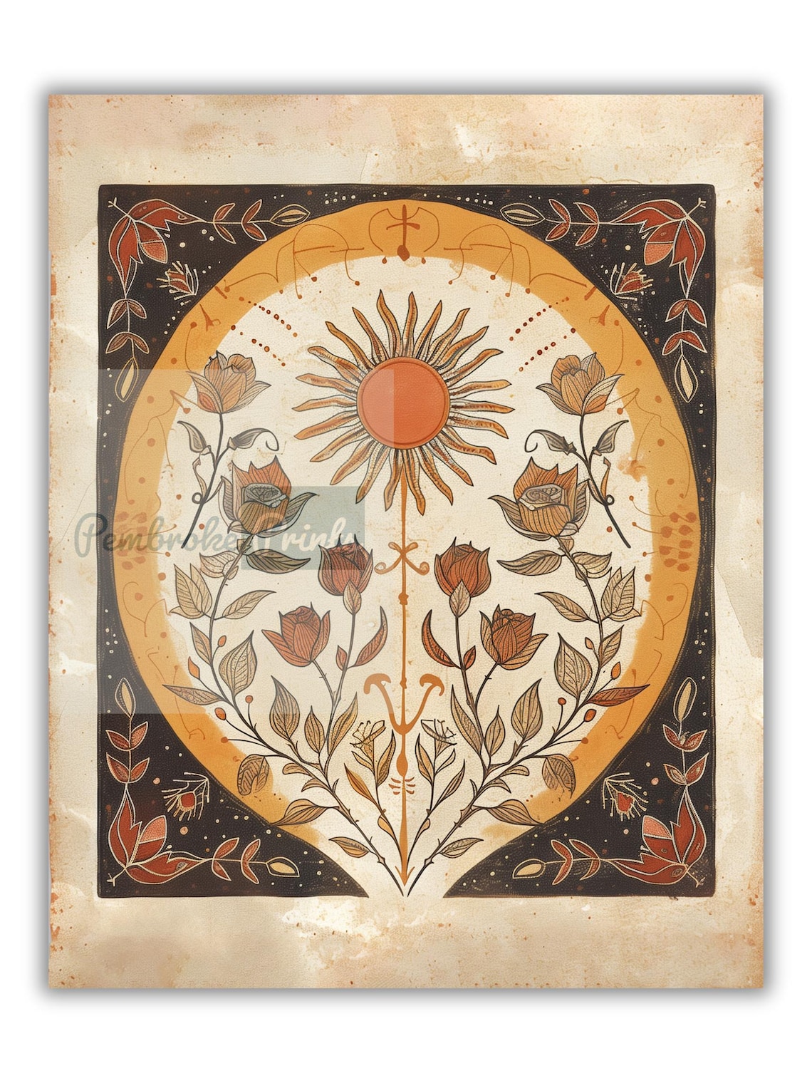 Orange Sun And Roses Botanical Boho Art Print - Image 2