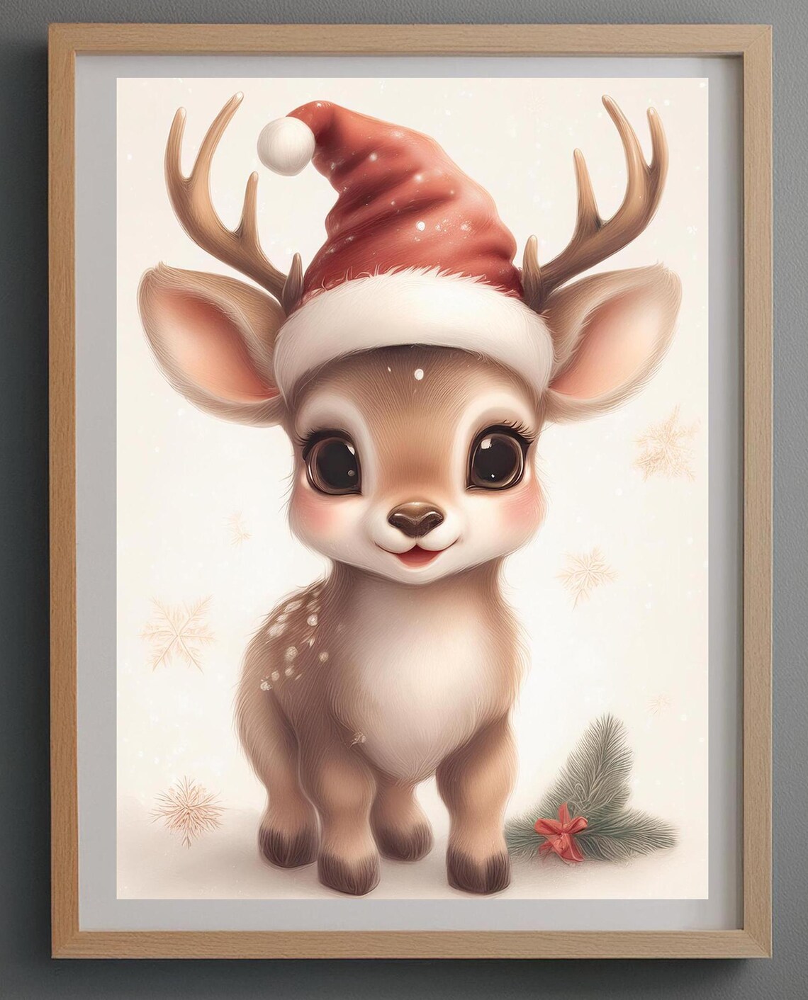 Sweet Baby Reindeer with Santa Hat Festive Holiday Wall Poster - Image 2