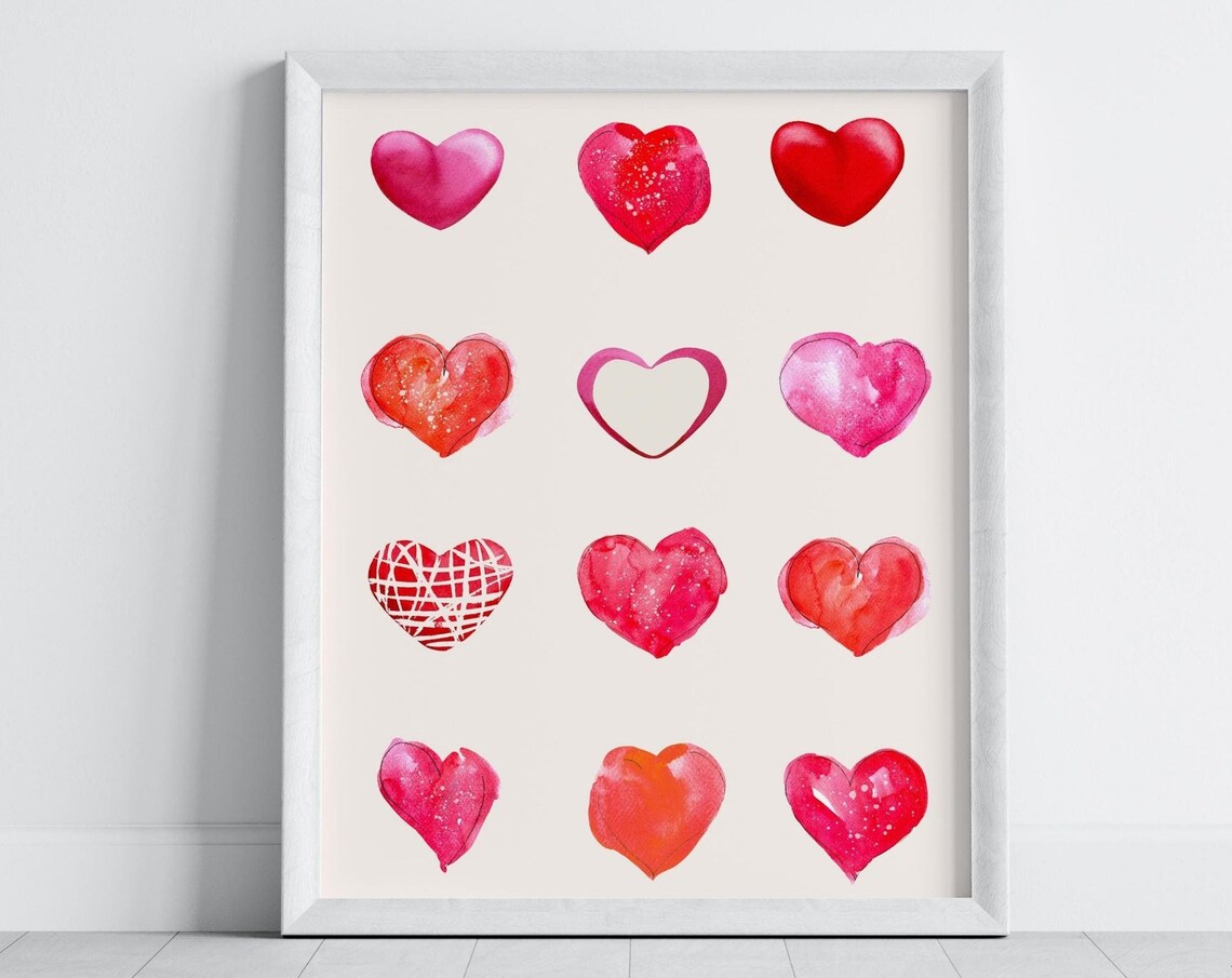 Watercolor Hearts Grid Valentine Pink Red Heart Illustration Poster - Image 3
